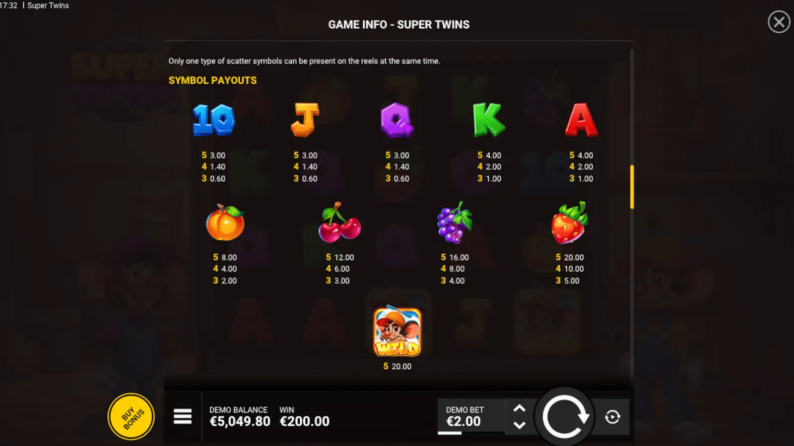 Super Twins Slot Symbols and Paytable