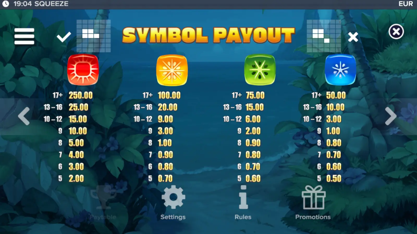 Squeeze Slot Symbols and Paytable