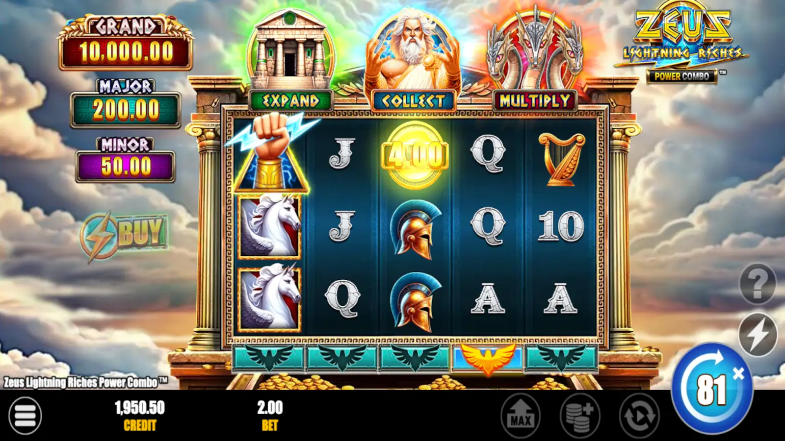 Zeus Lightning Riches Power Combo Slot Base Game Instant Collect