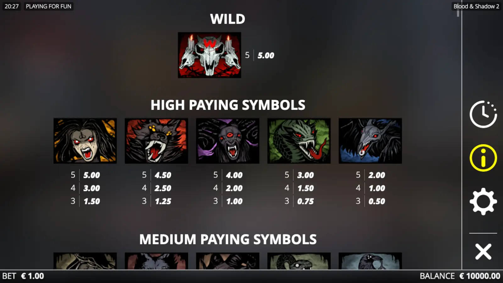 Blood & Shadow 2 Slot Symbols and Paytable