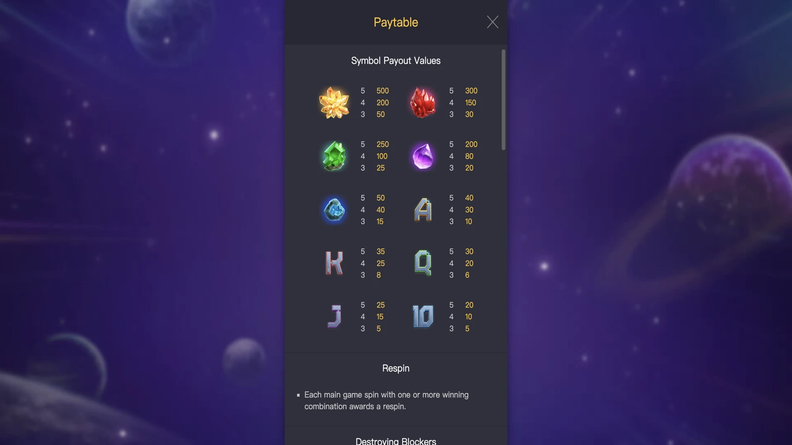 Galactic Gems paytable 1
