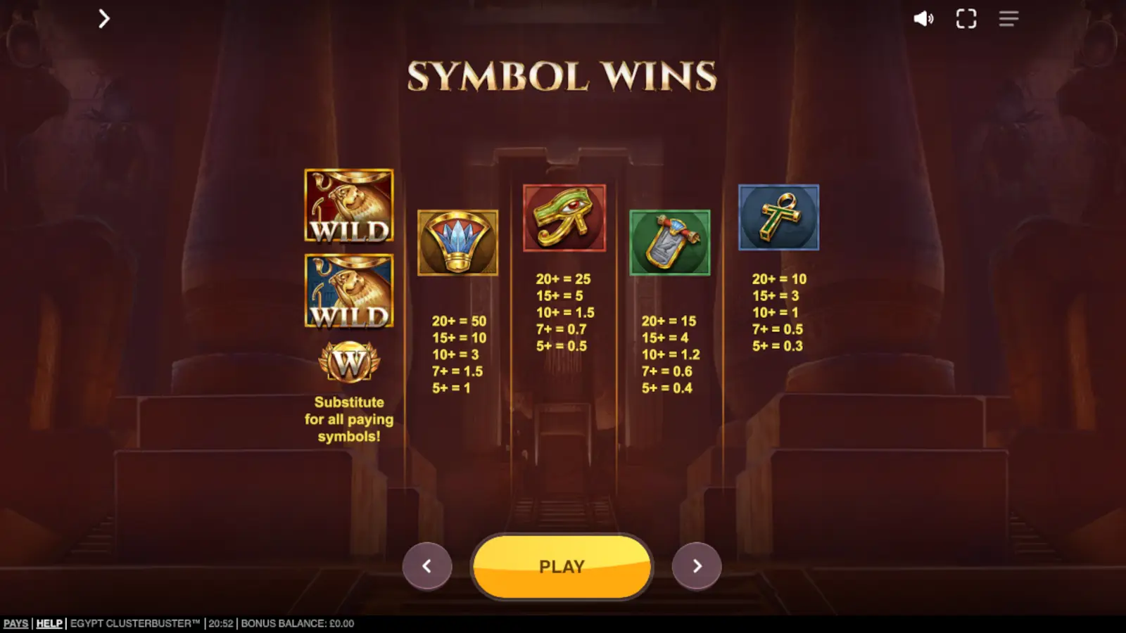 Egypt Clusterbuster Slot Symbols and Paytable