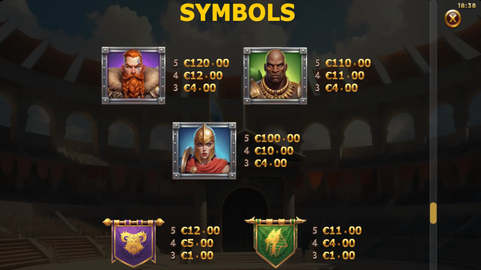 3 Gladiators vs Caesar Slot Symbols and Paytable